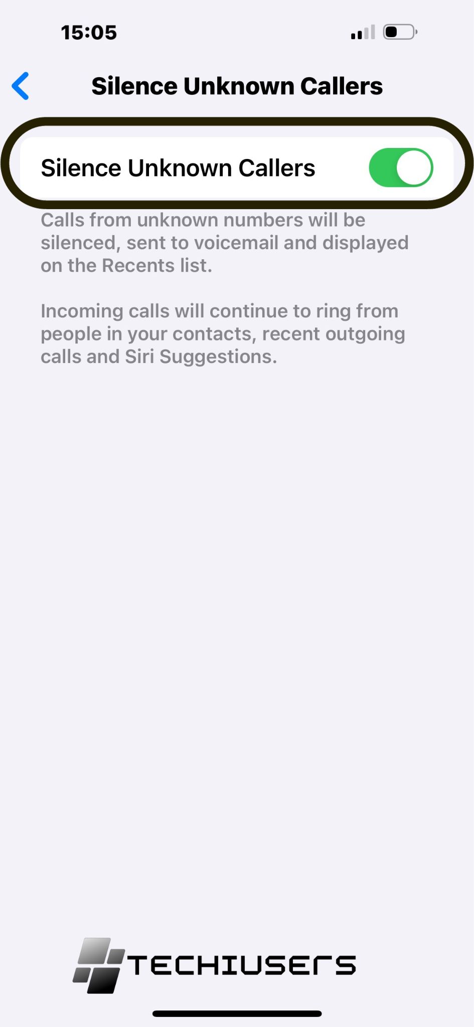 Toggle the switch next to "Silence Unknown Callers" to the on (green) position